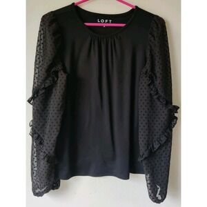 Loft Women's Velvet Dot Ruffle Sheer Sleeve Black Poly Blend Pleat Front Size M